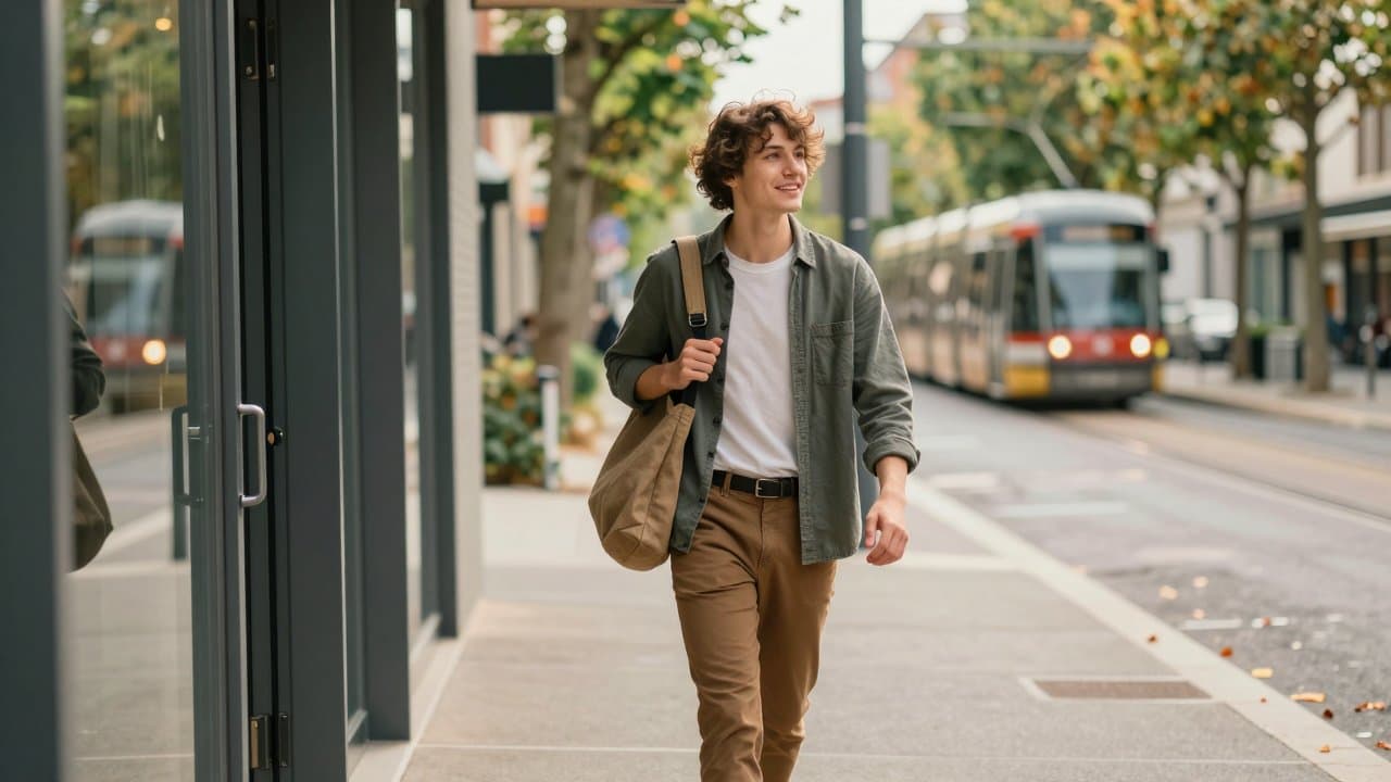 A young adult in casual smart clothing walks confidently out of a modern office building entrance on a tree-lined Roubaix street, tote bag over shoulder, tram tracks visible in the background, morning light, optimistic mood.