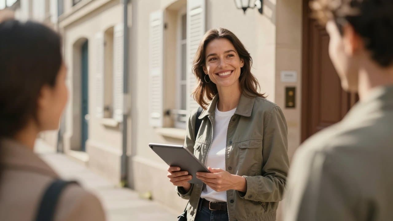 Un homme en veste consulte son téléphone devant une agence, rue de Roubaix, ambiance déterminée