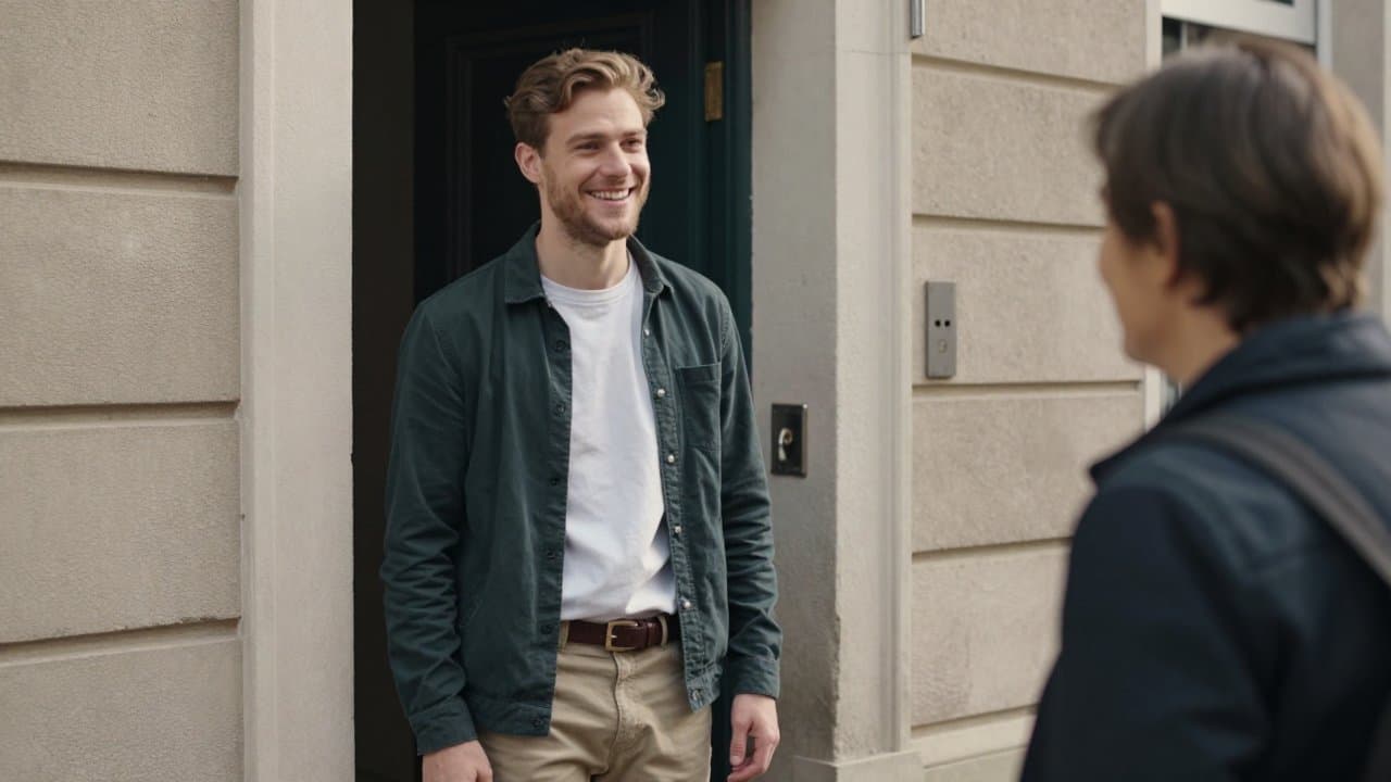 Jeune commercial souriant échangeant avec un habitant sur le pas d'une porte, dans une rue résidentielle de Roubaix en fin d'après-midi.