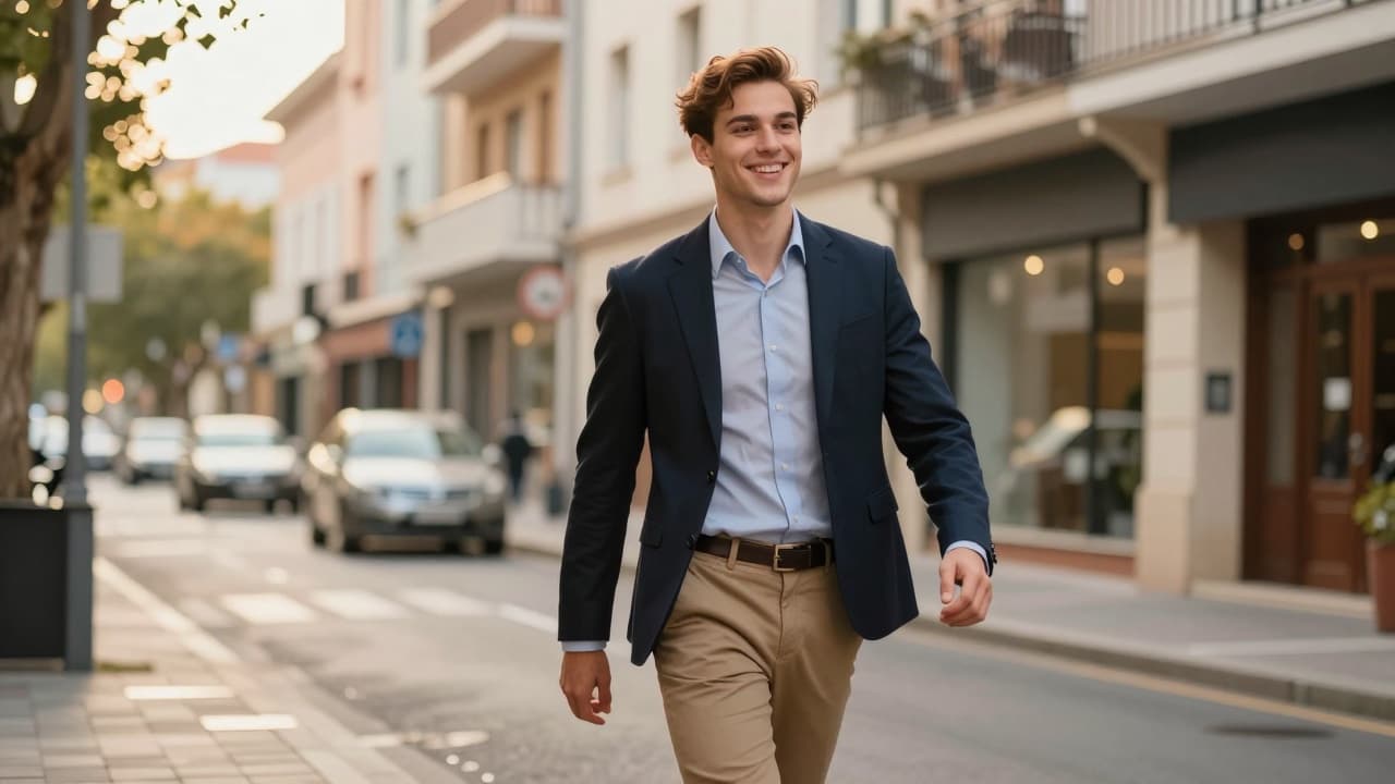 Commercial terrain en vente directe marchant avec assurance dans une rue ensoleillée