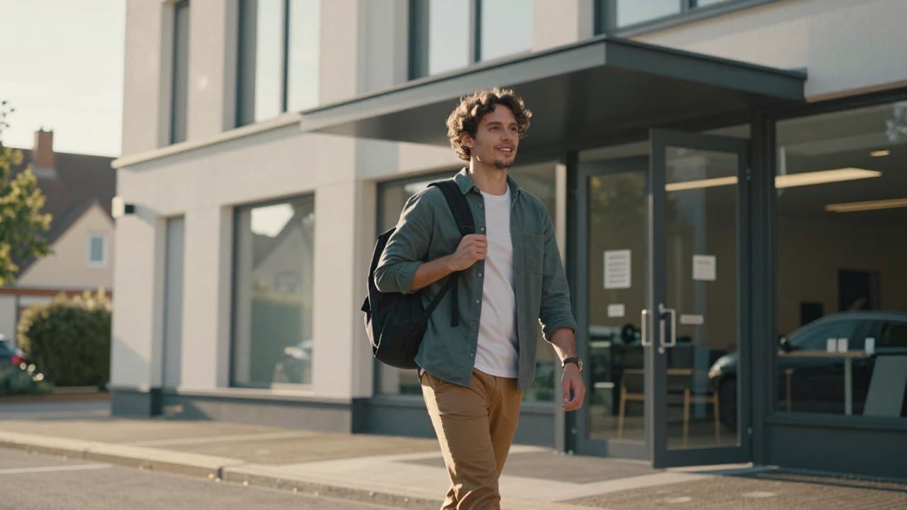 Jeune candidat souriant, sac à dos sur l'épaule, entrant dans un immeuble de bureaux moderne à Roubaix un matin ensoleillé, prêt pour son entretien.