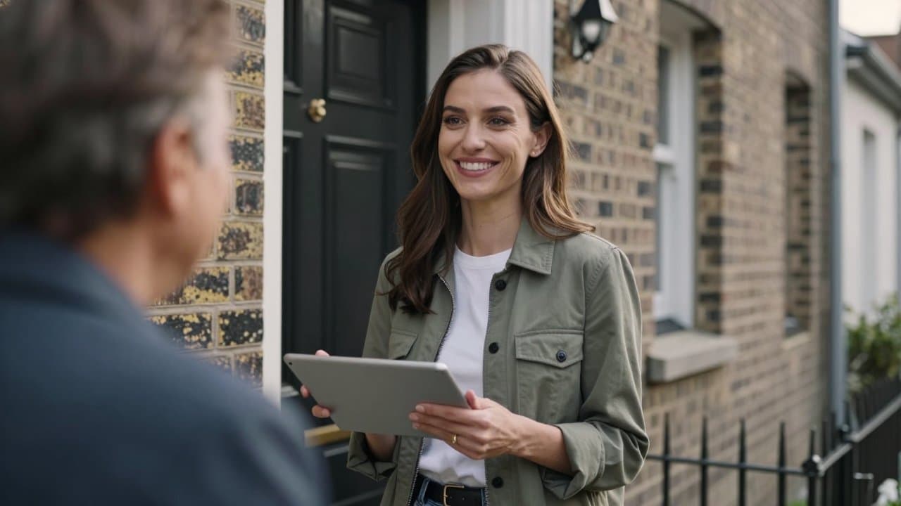 Jeune candidat souriant écoutant un commercial expérimenté dans une rue résidentielle du Nord