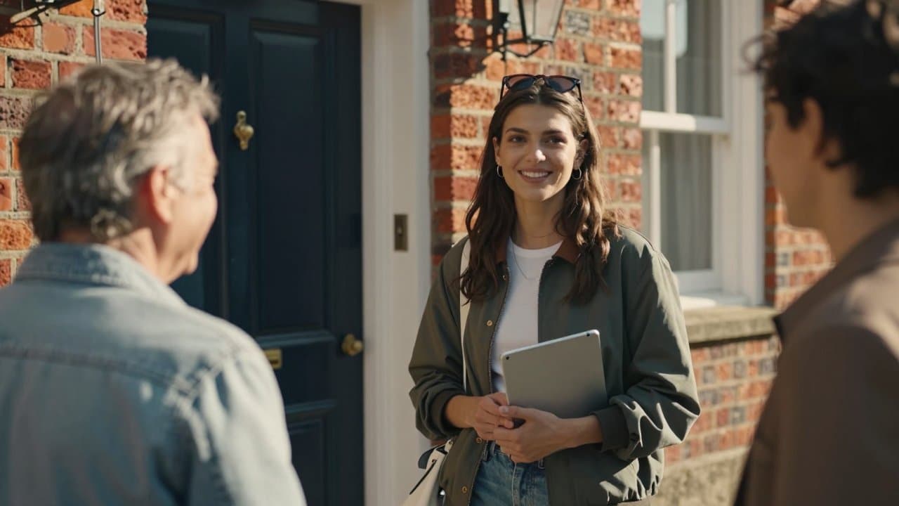 Jeune commercial terrain souriant discutant avec un habitant sur le seuil d'une maison dans une rue résidentielle du Nord