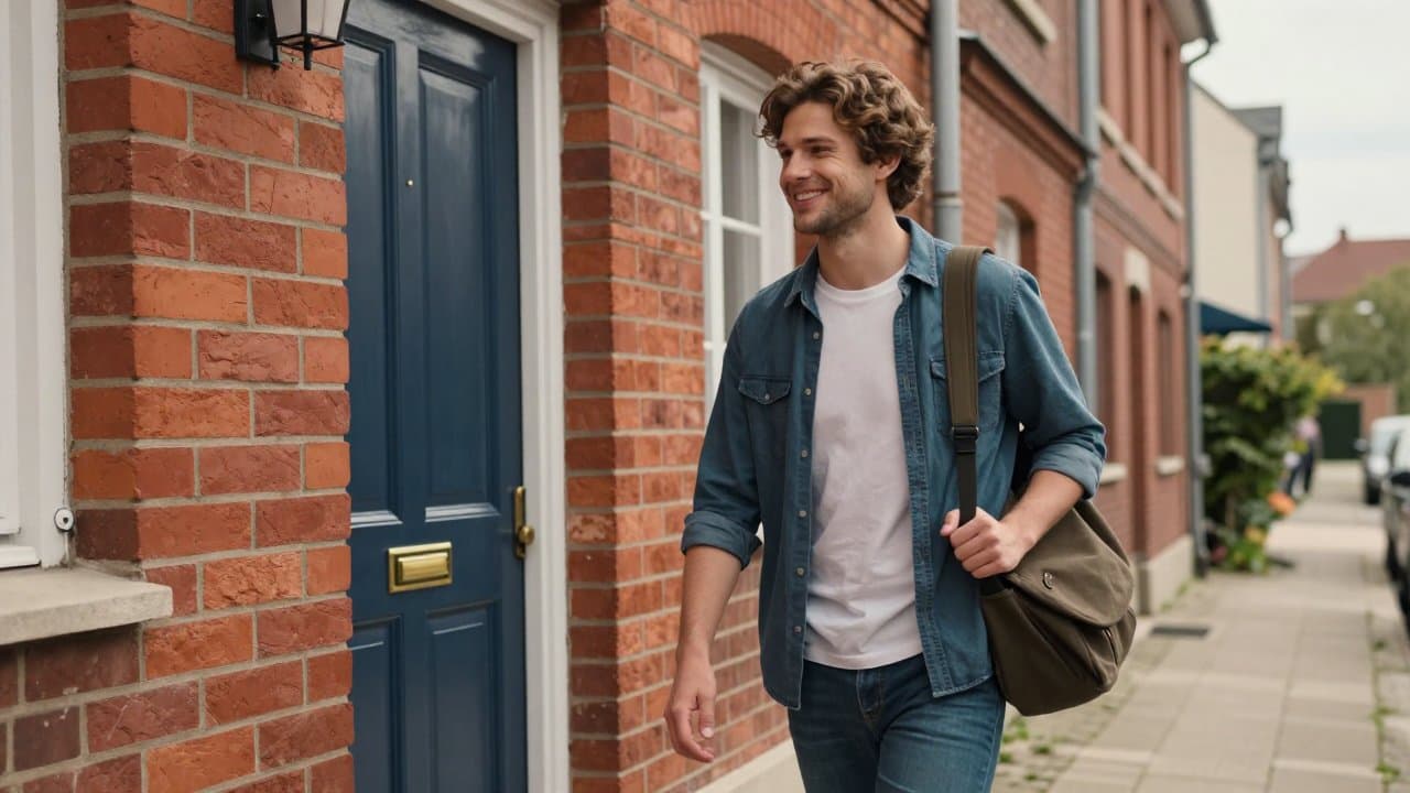 Jeune commercial terrain souriant marchant dans une rue résidentielle du Nord, sacoche à l'épaule