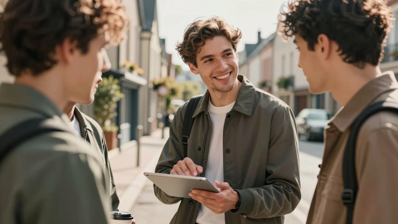 Jeune commercial souriant expliquant une offre à deux collègues sur un stand en centre-ville de Lille
