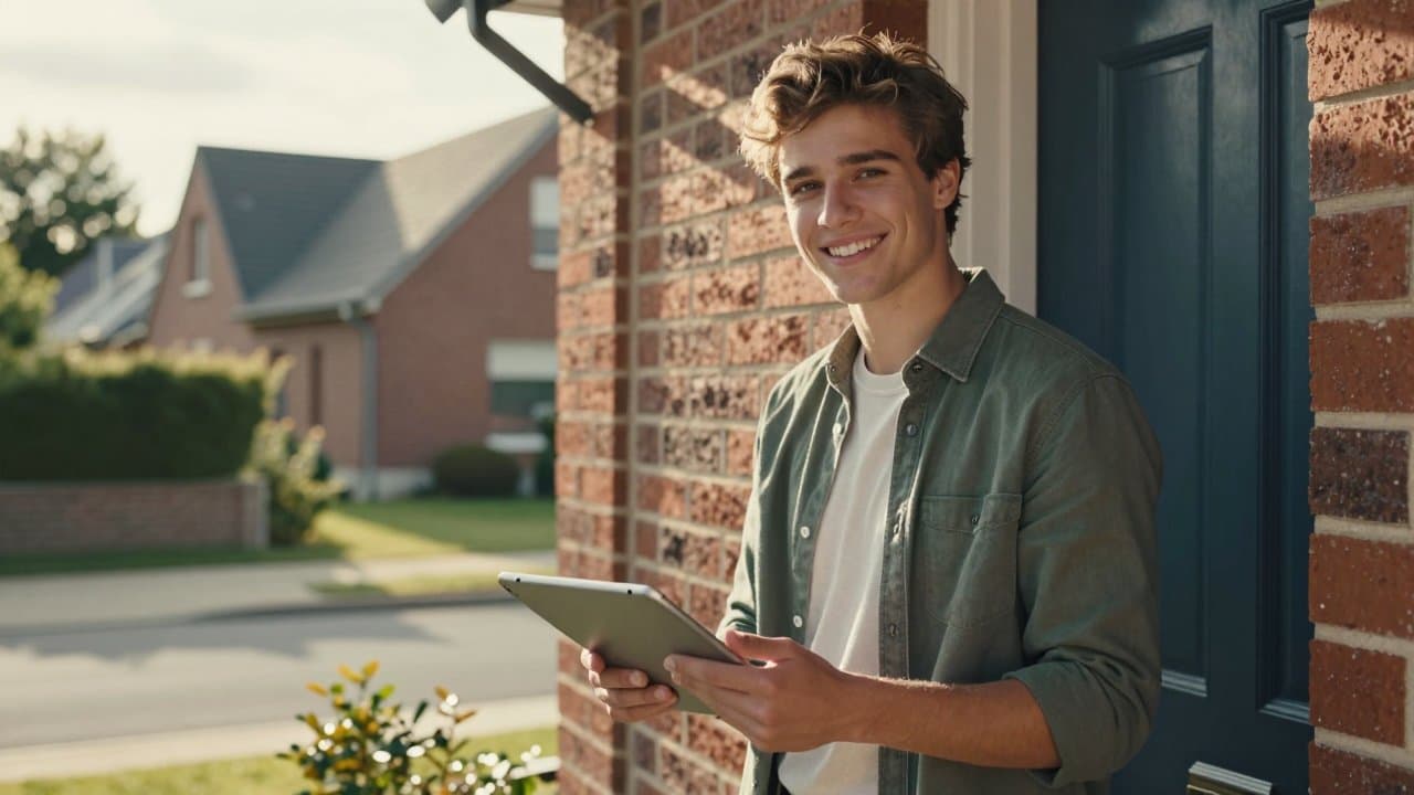 Jeune commercial terrain souriant présentant une offre sur le seuil d'une maison dans une rue résidentielle du Nord
