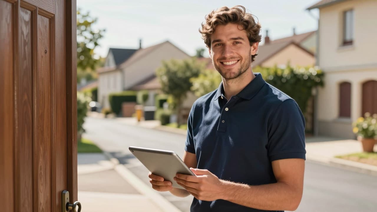 Jeune commercial terrain souriant avec une tablette dans un quartier résidentiel