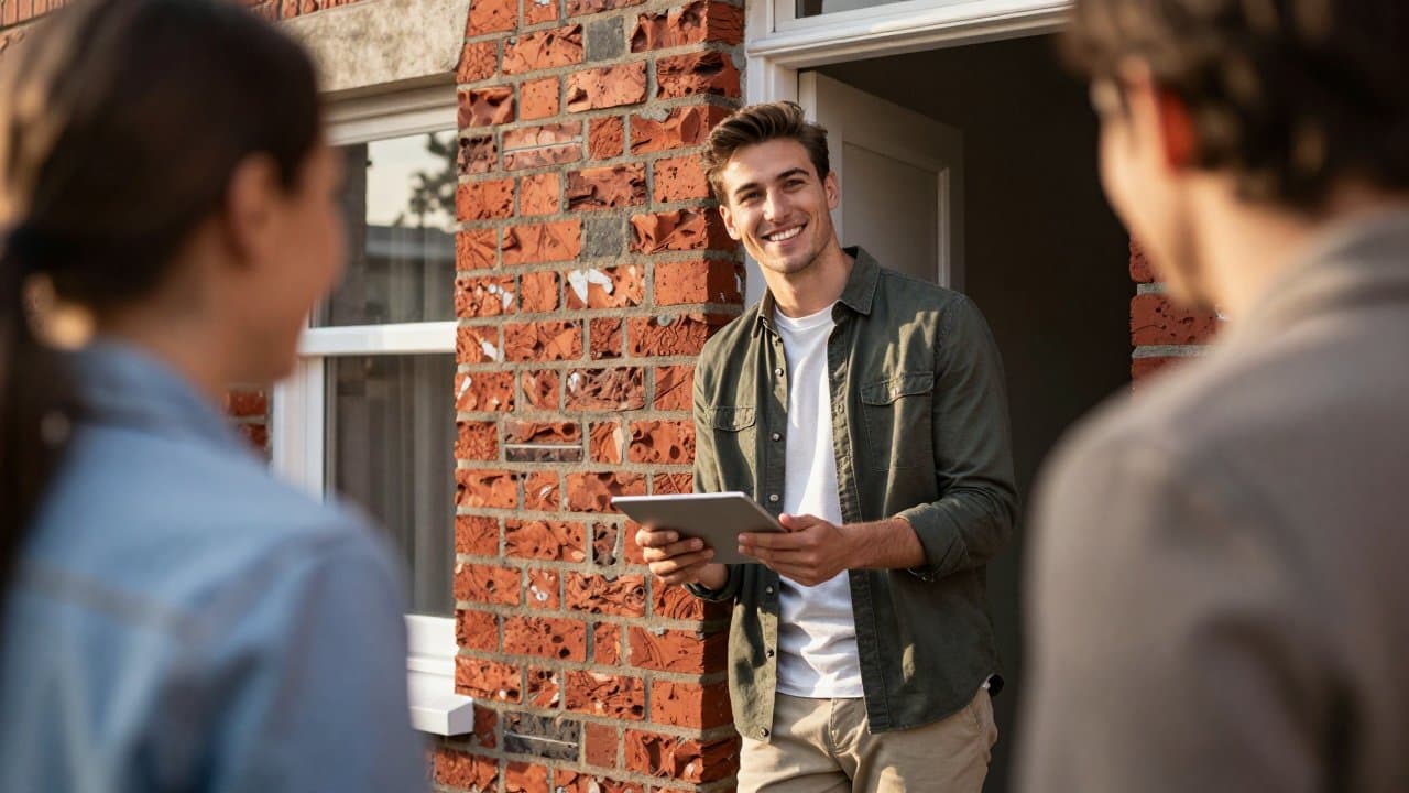 Jeune commercial souriant présentant une offre fibre sur le seuil d'une maison de brique du bassin minier