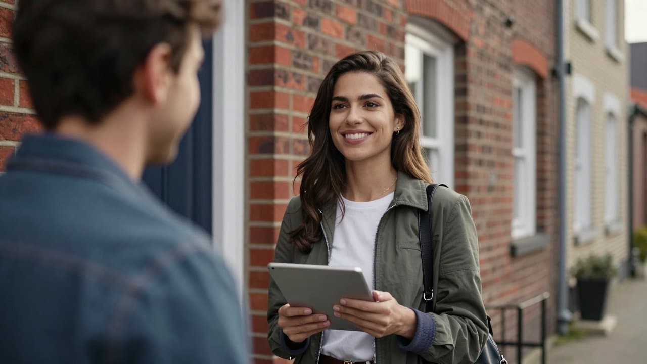 Jeune commercial terrain souriant présentant une offre sur le seuil d'une maison dans une rue résidentielle du Nord