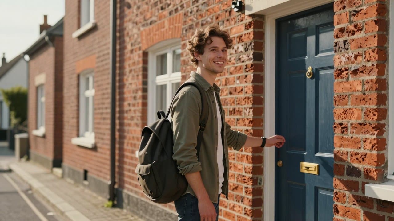Jeune commercial terrain souriant, sacoche à l'épaule, devant des maisons de brique du bassin minier un matin ensoleillé