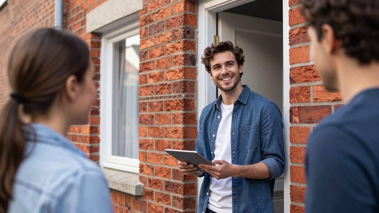 Jeune commercial souriant présentant une offre fibre à un habitant sur le pas de sa porte dans une rue résidentielle de Tourcoing
