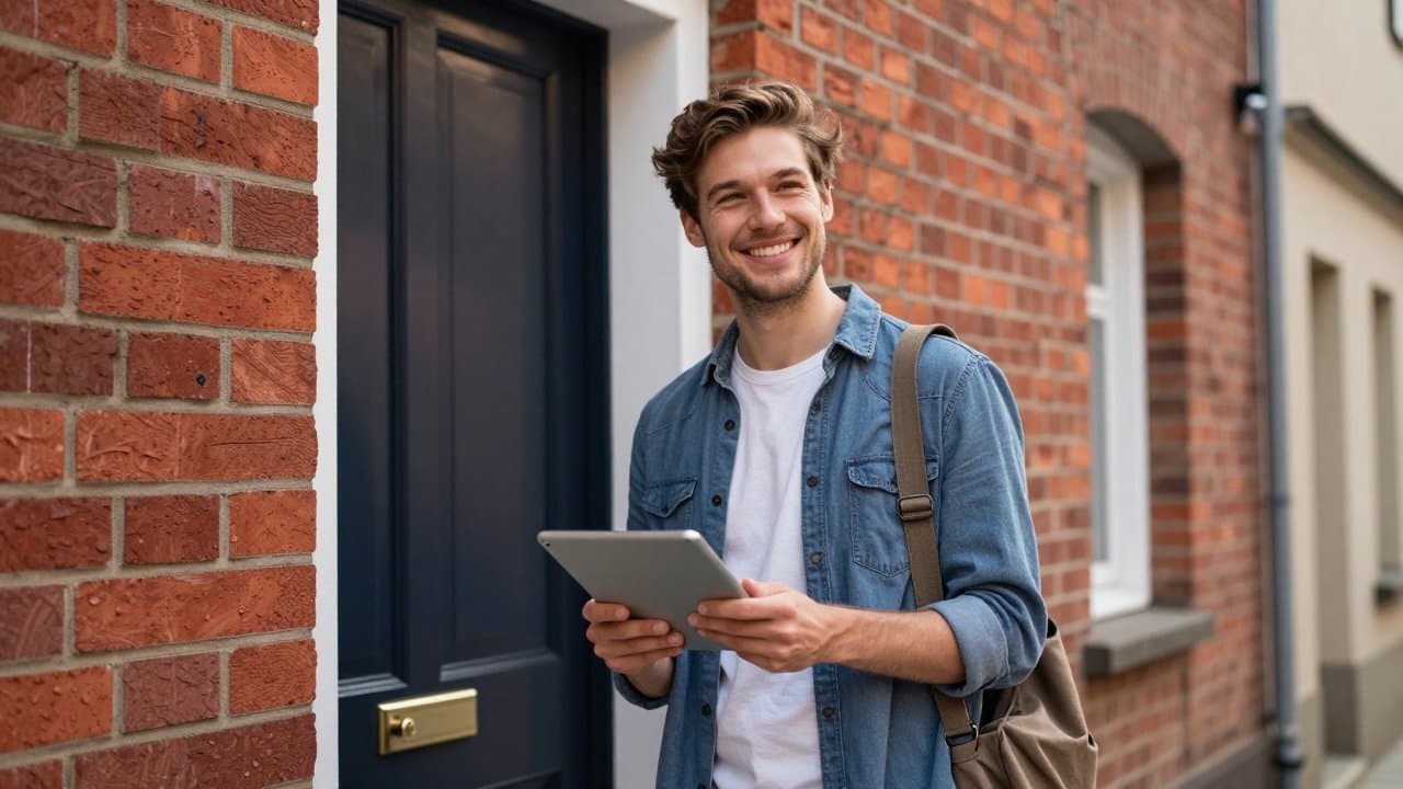Jeune commercial terrain souriant présentant une tablette sur le seuil d'une maison en brique du Valenciennois