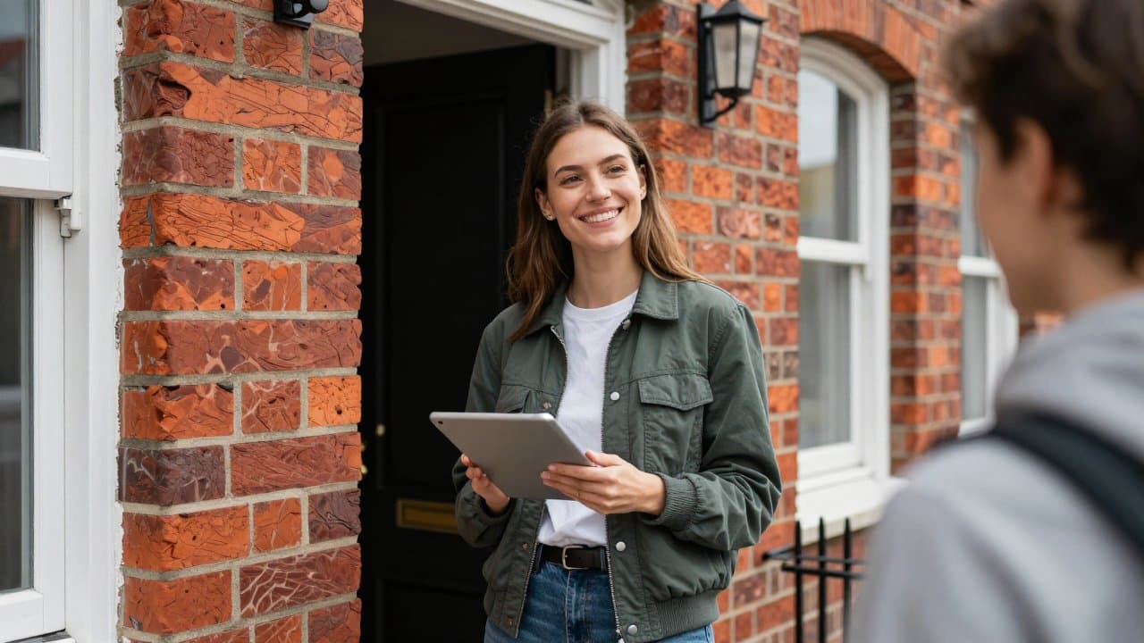 Jeune commercial terrain souriant présentant une offre sur le seuil d'une maison dans une rue résidentielle du Nord