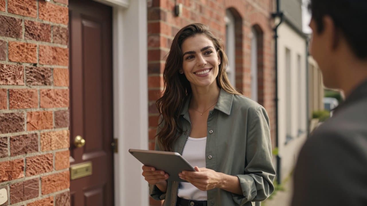Jeune commercial terrain souriant présentant une tablette sur le seuil d'une maison dans une rue résidentielle du Nord de la France