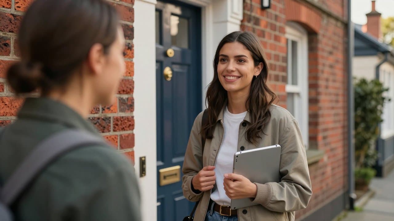 Jeune commercial terrain souriant présentant une offre fibre sur le seuil d'une maison en briques rouges du Nord