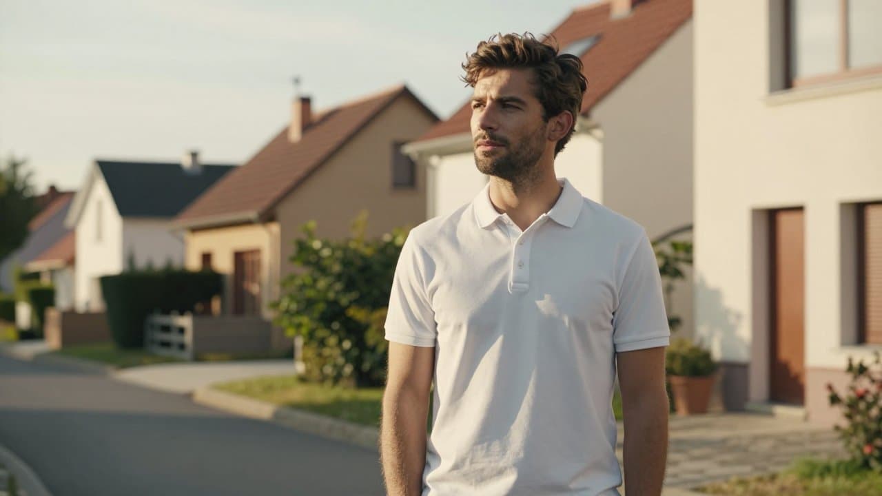 Un jeune commercial terrain souriant, sacoche à l'épaule, discute avec un habitant devant une maison de la métropole lilloise