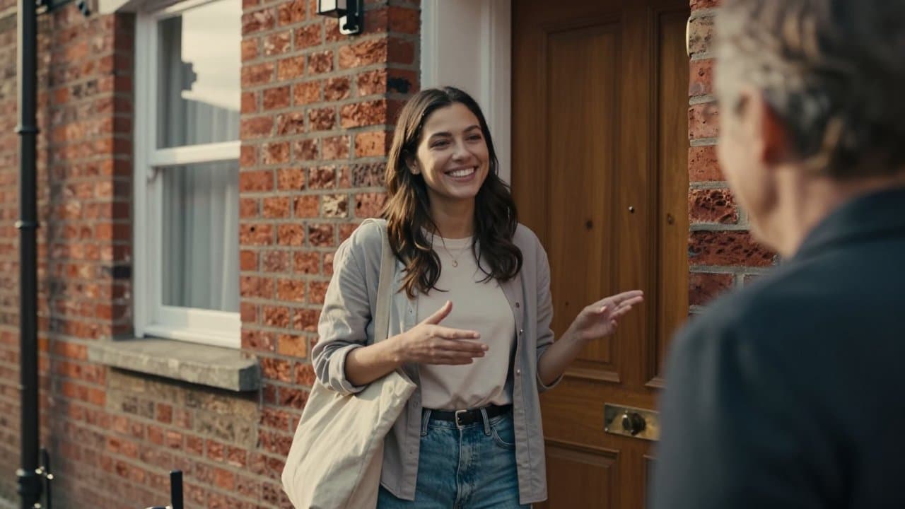 Jeune commercial souriant présentant une offre fibre sur le seuil d'une maison dans une rue résidentielle près de Lille
