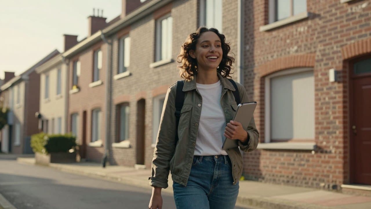 A young sales rep in casual streetwear celebrates with a fist pump on a residential street doorstep in Roubaix, holding a tablet, warm afternoon light.