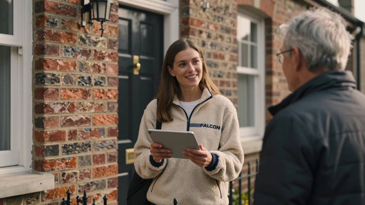A young sales rep in a fleece jacket smiling while presenting a tablet to a homeowner on a residential doorstep in a Nord-Pas-de-Calais neighborhood, sunny afternoon