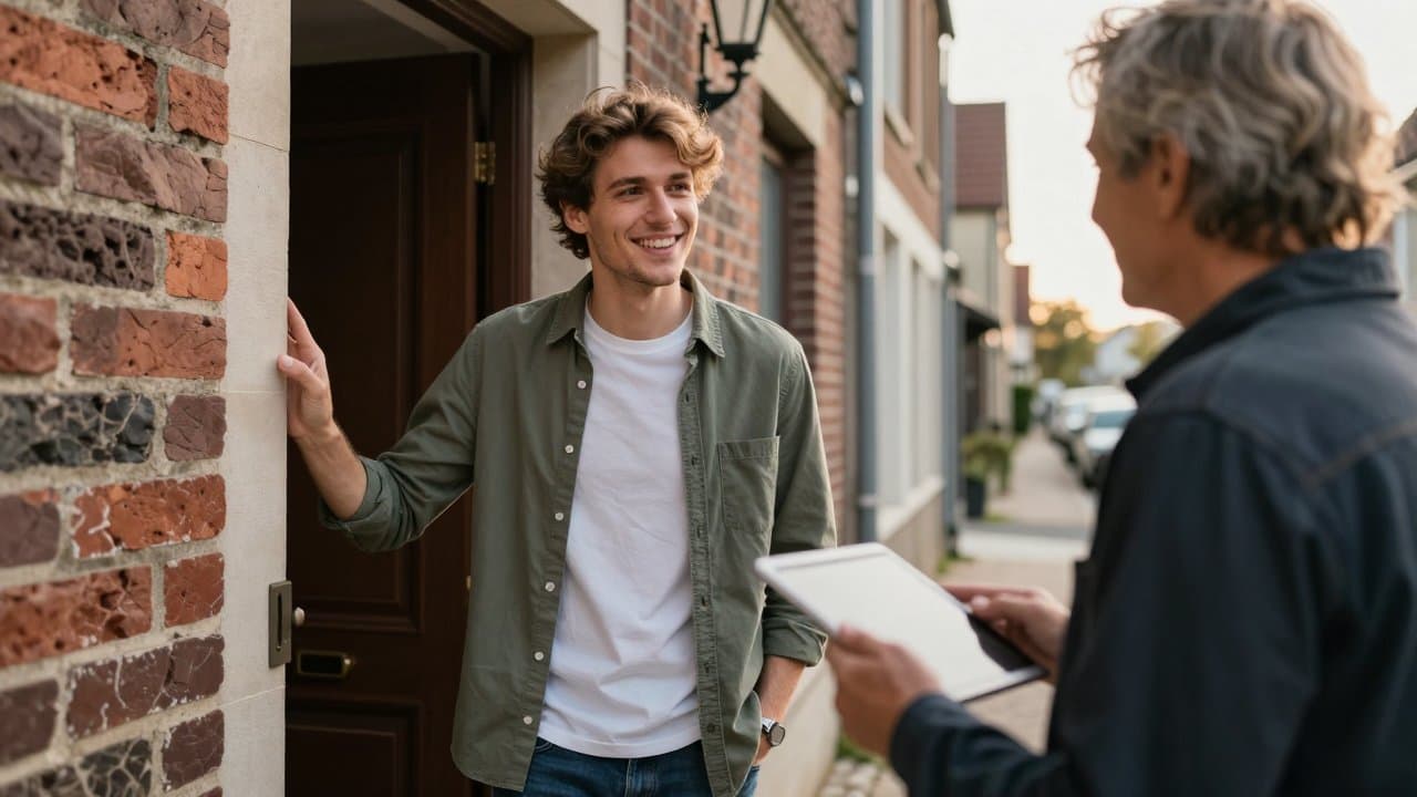 A young man in casual streetwear smiles while ringing a doorbell on a residential street in Roubaix, holding a tablet, with a row of brick houses behind him.
