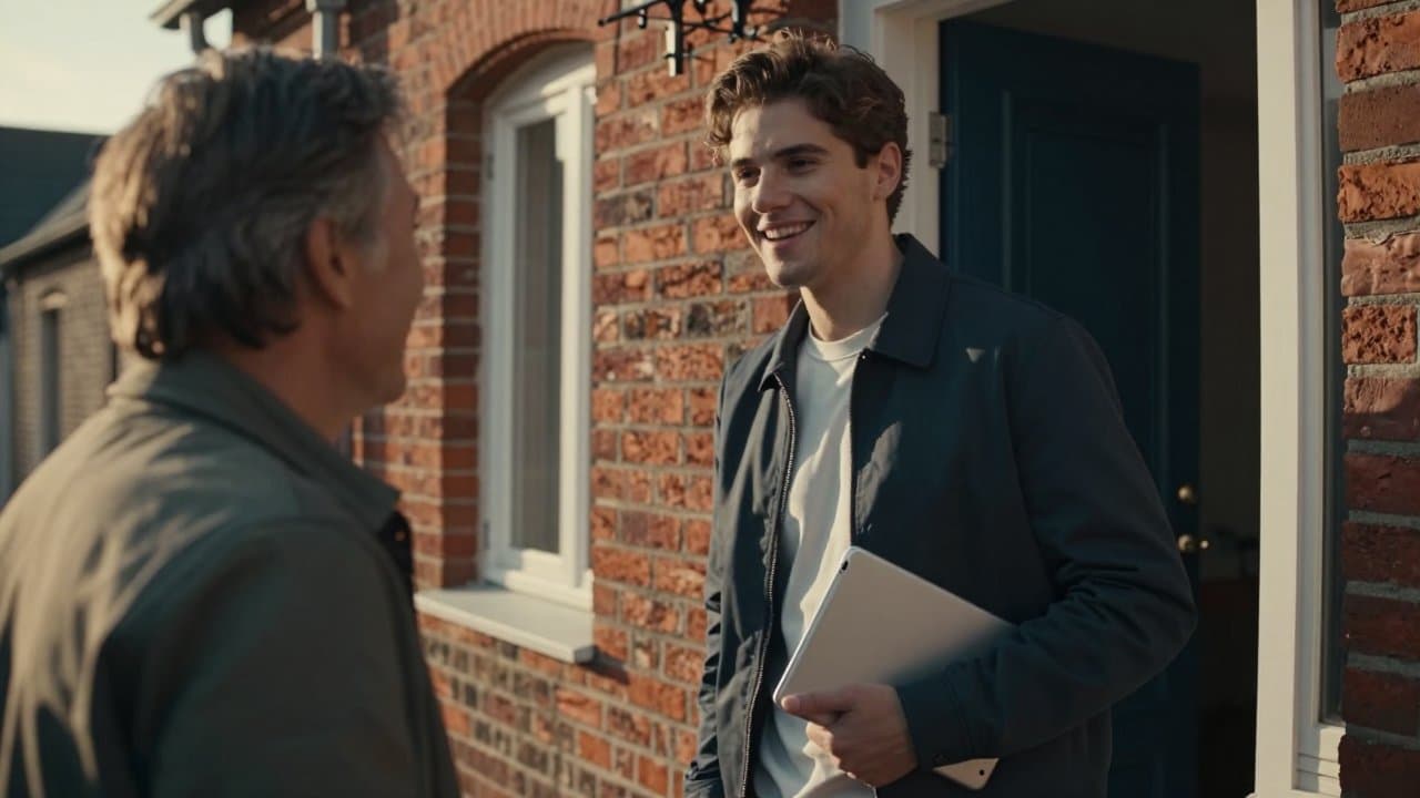 Jeune commercial souriant discutant avec un habitant sur le seuil d'une maison dans une rue résidentielle de Roubaix
