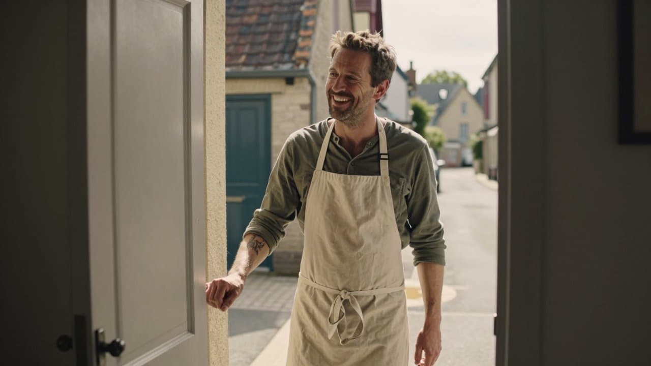 A man in his forties wearing a chef's apron folded over his arm stands confidently at a residential doorstep in Roubaix, smiling mid-conversation with a resident.