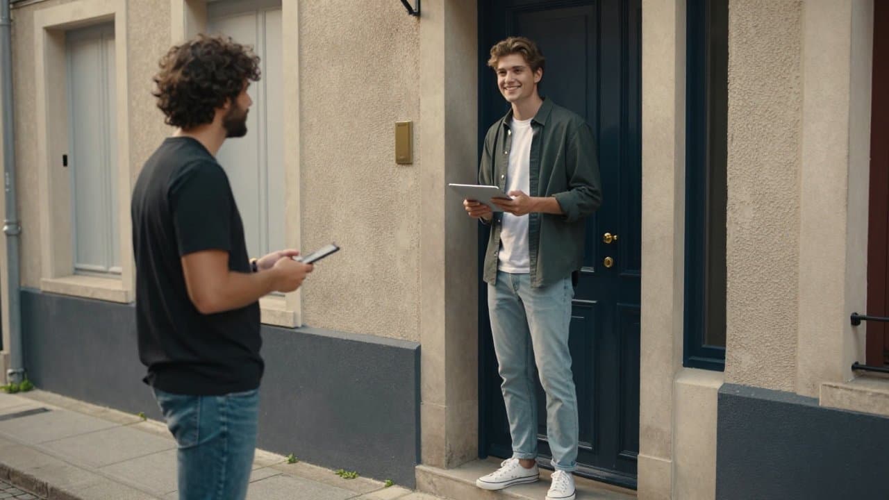 A young adult in casual streetwear knocks confidently on a front door in a residential street in Roubaix, smiling, with a tablet in hand, on a bright afternoon.