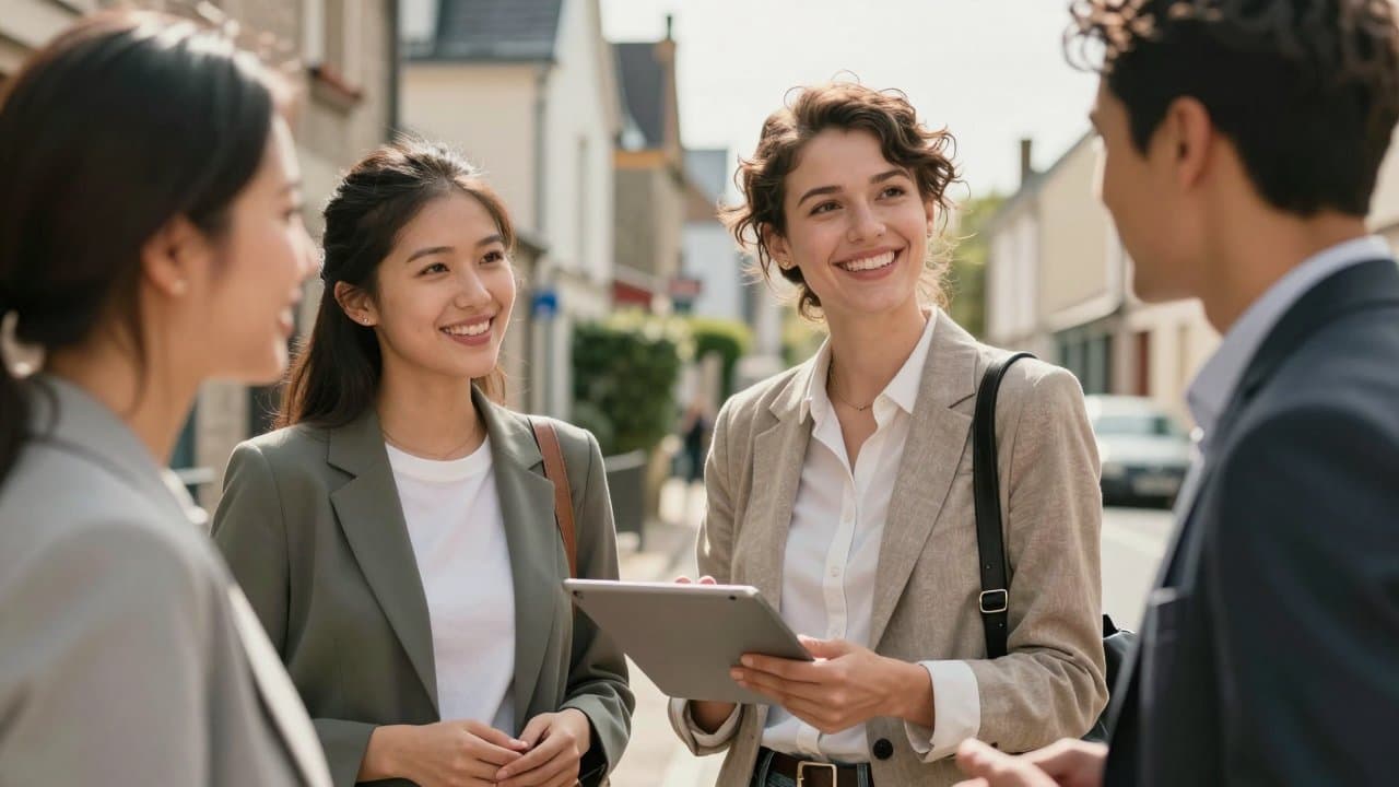 Un jeune chef d'équipe commercial souriant briefe deux collègues devant une rue résidentielle de Roubaix, tablette à la main