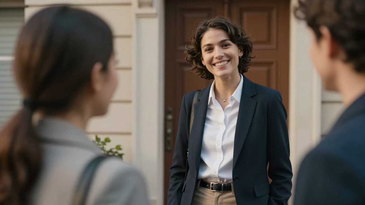 Jeune commercial souriant discutant avec un habitant sur le seuil d'une maison dans une rue résidentielle du Nord de la France, en pleine journée.