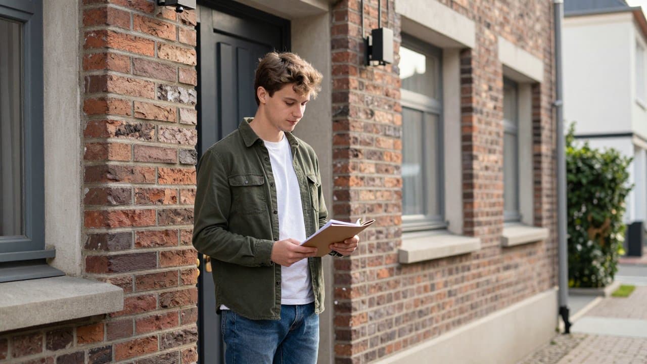 A young woman with a reserved posture stands calmly at a doorstep in a residential street near Roubaix, notebook in hand, smiling softly as she talks with a resident, morning light.