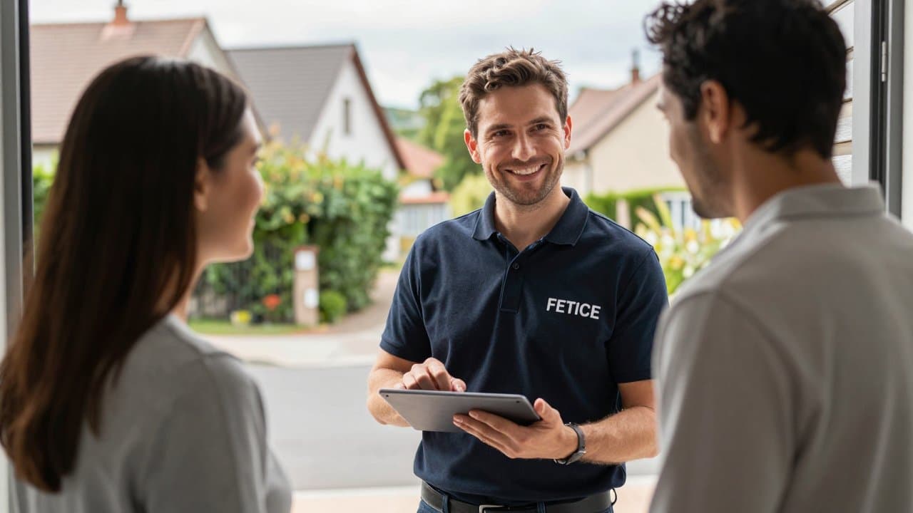 Un commercial souriant présente une offre fibre à un habitant sur le pas de sa porte dans un quartier résidentiel