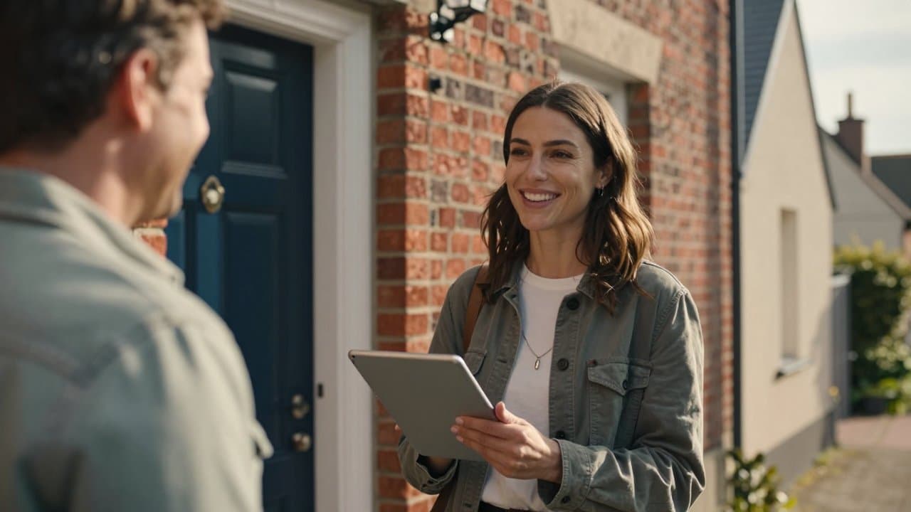 Jeune commercial terrain souriant présentant une offre fibre au seuil d'une maison dans une rue résidentielle du Nord